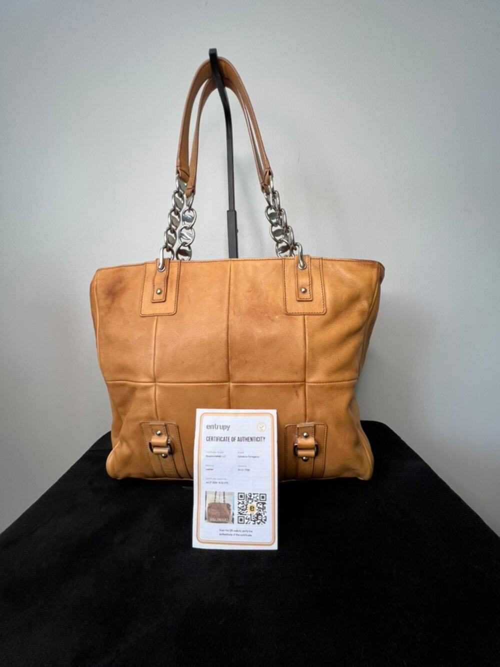 Salvatore Ferragamo Leather Chain Handle Tote Camel DY-21 7598 Auth